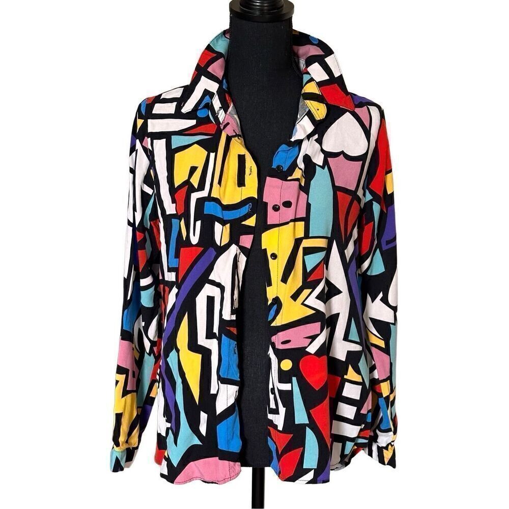 Vintage Big Dart Geometric Pop Art Print Blouse Shirt Women EU 42 XL US Colorful